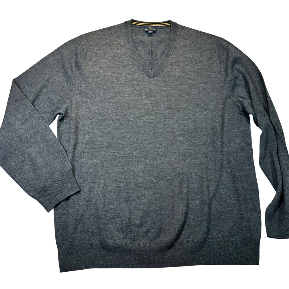 Brooks Brothers V-Neck Sweater Mens XXL Grey Extra Fine Merino Wool Classic Prep